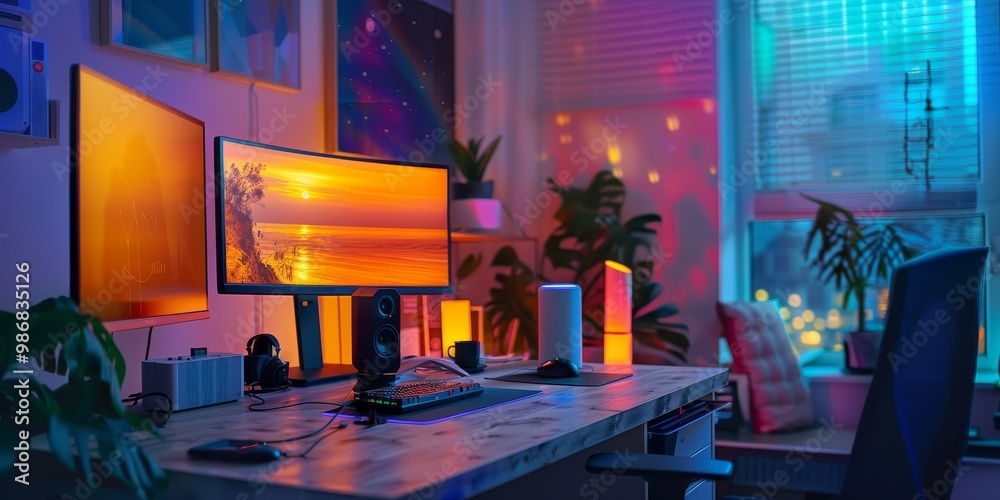 Poster An advanced home office setup with smart devices such as voice-controlled lights, smart speakers, and automated blinds, creating a connected and efficient workspace