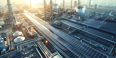 Fototapeta premium A large factory roof covered with an array of sleek solar panels, capturing sunlight to generate clean energy, with a bustling industrial environment below