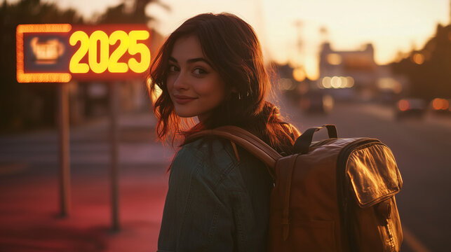 Uma linda mulher  cheia de esperan&ccedil;a pronta para trilhar o novo caminho do Ano Novo de  2025, representando esperan&ccedil;a e confian&ccedil;a no futuro para o Feliz Ano Novo