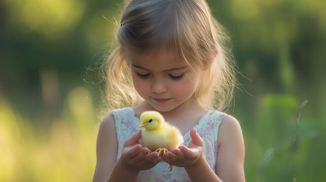 uma linda crian&ccedil;a segura o p&aacute;ssaro na m&atilde;o, seu pintinho amarelinho  de estima&ccedil;&atilde;o, demostrando-le amor e carinho.