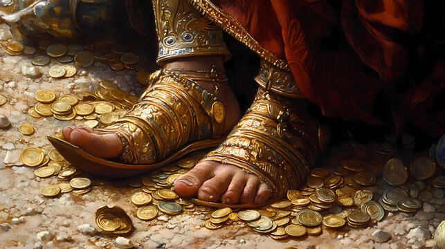 Darius iii desperately clinging to the riches of the crumbling persian empire, trampled by a hellenistic conquerors boot amid scattered coinage. Persian Empire. Illustration