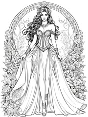 Fototapeta premium Black-and-white illustration of a regal fantasy queen in a flowing gown, surrounded by intricate floral patterns. Perfect for adult coloring books, fantasy art, and creative design projects.