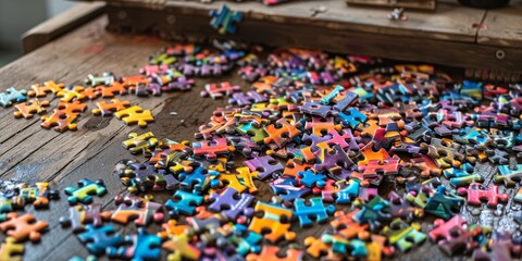 A vibrant puzzle coming together on a wooden table, with some pieces already fitted and others being placed, illustrating the step-by-step assembly process
