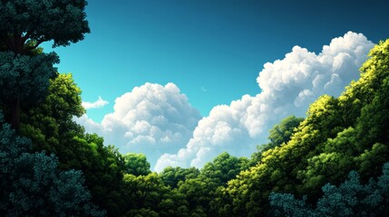 Obraz premium A breathtaking view of lush green forest canopy reaching up towards a bright blue sky adorned with fluffy white clouds. The scene evokes feelings of peace, tranquility, and the beauty of nature.