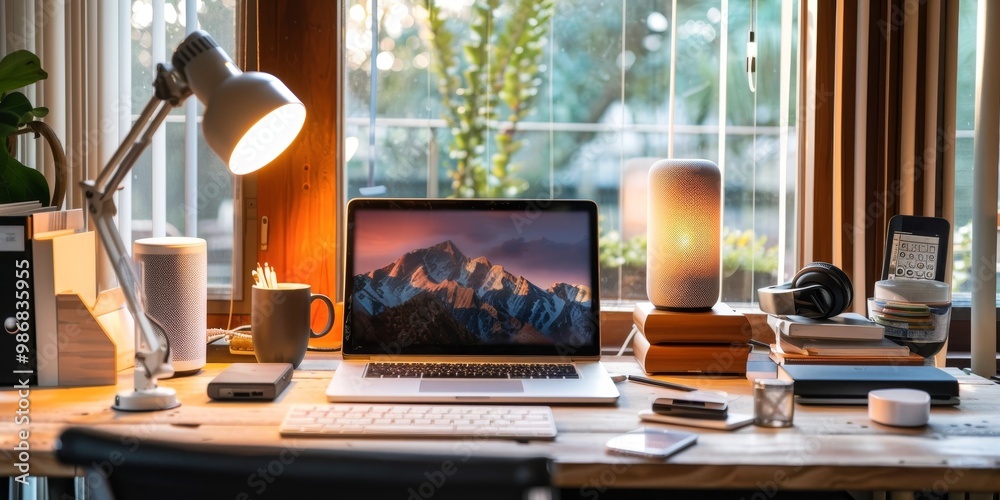 Poster An advanced home office setup with smart devices such as voice-controlled lights, smart speakers, and automated blinds, creating a connected and efficient workspace