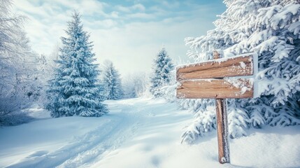 Fototapeta premium Winter holidays landscape with wooden sign