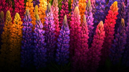A captivating close-up of lupine blossoms in a vibrant spectrum of colors, symbolizing nature's beauty, abundance, harmony, growth, and resilience.