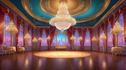 Obraz premium Enchanted Ballroom with Chandeliers Cartoon Background Design