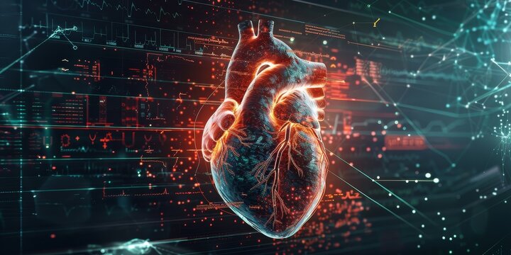 Detailed echocardiogram image showing a heart's intricate structure and blood flow, overlaid with medical charts and graphs, highlighting advanced cardiac imaging techniques