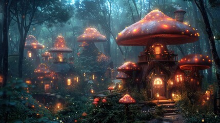 Mushroom Fantasy Jungle: Vibrant Fungi Wallpaper with Kawaii Lights and Forest Background