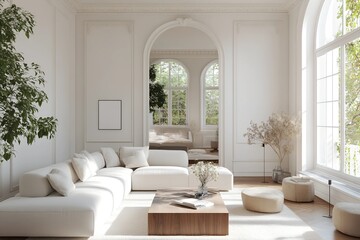 Photo Cozy white living room interior, home mockup, 3d render