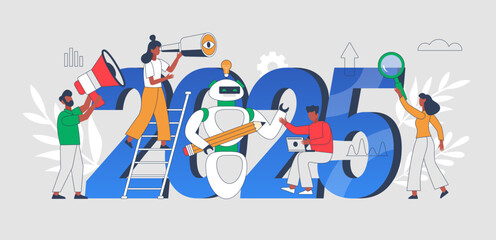 New Year 2025 trends, plans and growth business concept.  Modern vector illustration of people analyzing trends and using AI technology
