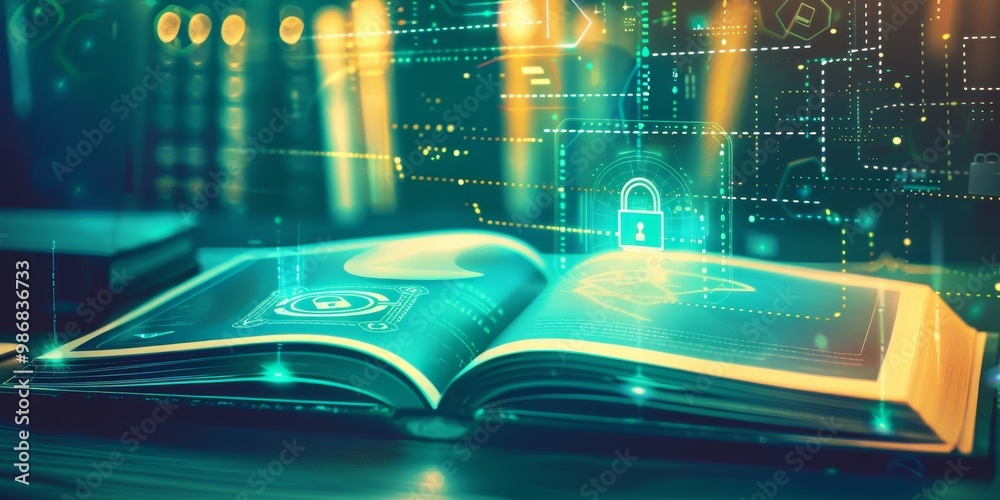 Aufkleber Close-up view of a security policy handbook on a desk with digital security icons, including padlocks, shields, and firewall symbols for corporate data protection