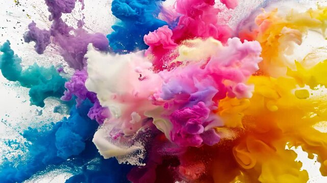 Dynamic display of colorful powder particles clouds billowing and morphing. Vibrant spectrum of blue, pink, purple, and yellow explode across frame. 