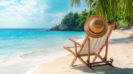 Beach chair with hat on tropical beach