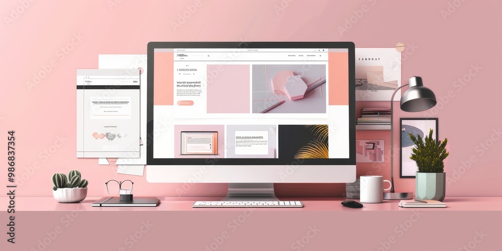 Wall mural creative webpage mockup with a unique layout, including a large banner, grid-based content sections,