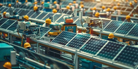 Fototapeta premium Rows of solar panels installed on a factory's rooftop, showcasing a sustainable energy solution in a busy industrial setting with machinery and workers