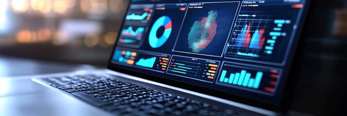 A close-up view of a laptop displaying an interactive data visualization dashboard with various charts, graphs, and data points. This represents data analysis, business intelligence, and digital marke