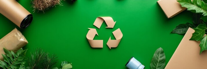 A collage of eco-friendly packaging materials surrounding a recycle symbol, symbolizing sustainability, environmental consciousness, responsible consumption, green living, and a commitment to reducing