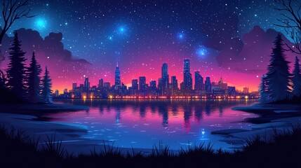 Fototapeta premium Night Cityscape with Stars Reflections and Forest Silhouettes