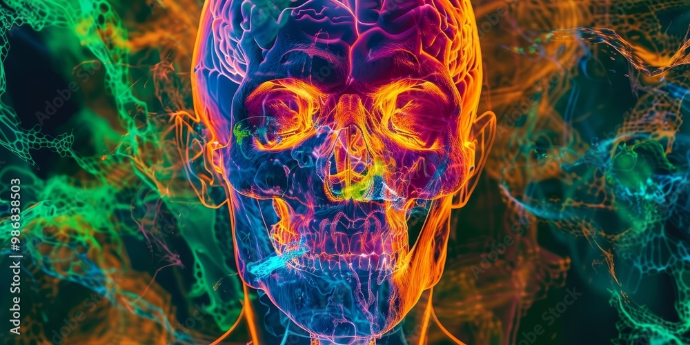 Poster Colorful PET scan image with dynamic heatmaps illustrating different areas of physiological activity, ideal for use in medical research and health education