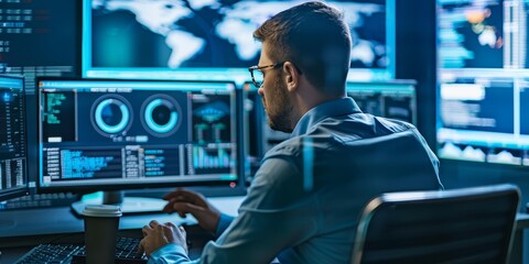 Business professional reviewing a security policy document with computer screens displaying cybersecurity alerts and protection measures in a high-tech office environment