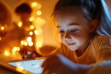 Little girl using a tablet in a cozy room with fairy lights.