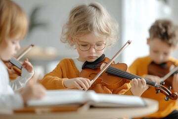 Young girl playing violin in a music class.
