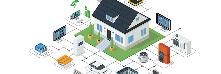 Vector illustration of AI smart home devices within home automation where artificial intelligence integrates with appliances to optimize energy use and enhance security