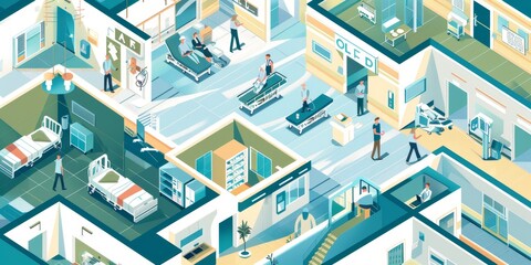 Fototapeta premium Illustration of a hospital with key departments highlighted: emergency, intensive care unit, and maternity ward, showcasing a busy medical center with diverse services
