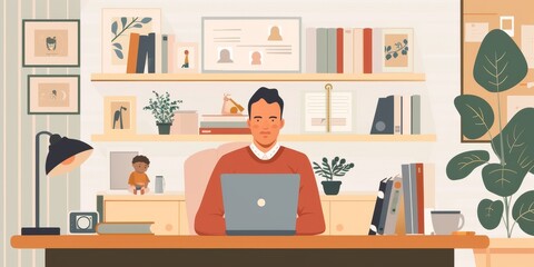 Fototapeta premium A businessman working from a home office, sending emails on his laptop, with family photos and books on the shelf behind, illustrating work-life balance