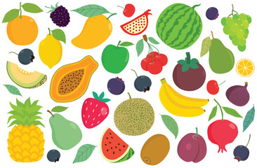 Hand drawn cute colorful fruits with cartoon style isolated on white background.