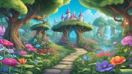 Obraz premium Enchanted Garden in Full Bloom Cartoon Background Design