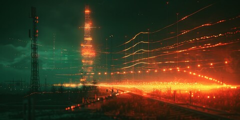 A modern radio tower with visible signal waves extending outward, capturing the essence of connectivity and the crucial role of communication infrastructure