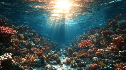 Fototapeta premium Vibrant Underwater Coral Reef Scene with Sunlight Rays and Tropical Fish