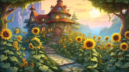 Obraz premium Enchanted Garden with Sunflowers Cartoon Background Design