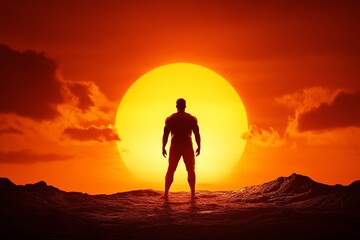 Morpheus standing in a vibrant orange sunset, his figure silhouetted against the warm, glowing horizon of a dreamworld