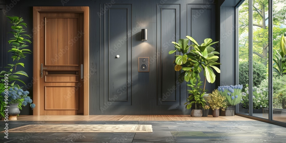 Aufkleber a smart home entryway with automated lighting, a smart doorbell, and a smart lock, showcasing the co