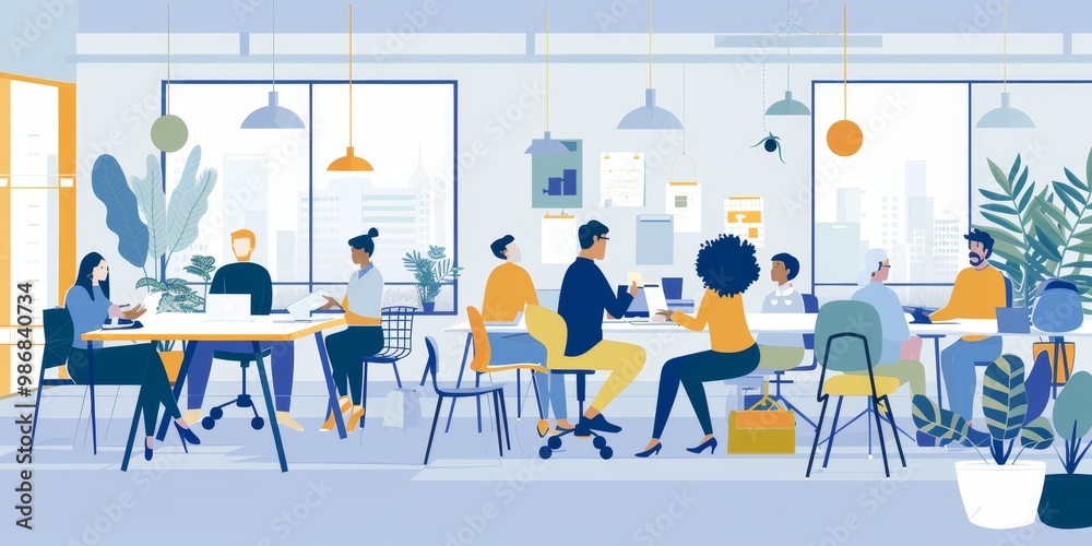 Poster corporate culture captured in an office setting: diverse team working together on a project, innovat