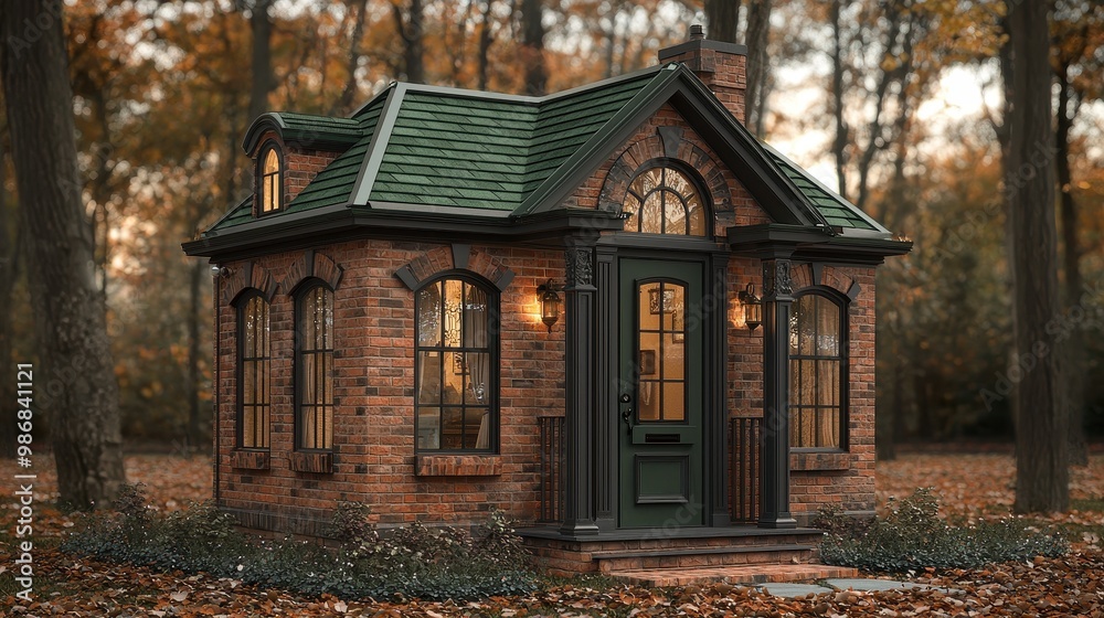 Sticker Charming Brick Cottage with Green Roof in Autumn Forest