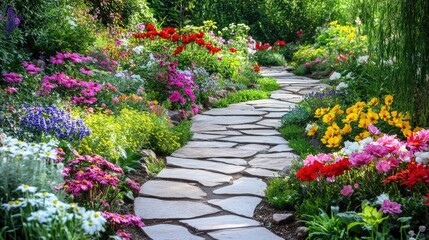 A beautiful outdoor garden in full bloom, with colorful flowers and stone pathways