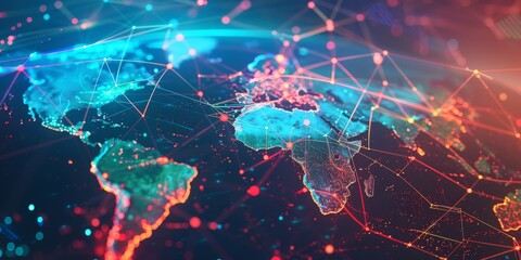 Design showcasing a WAN symbol bridging different continents, with a network of vibrant lines and digital nodes connecting a global map, emphasizing worldwide connectivity