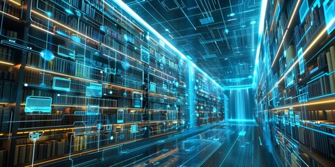 High-tech virtual library showcasing digital books in a 3D digital space, with an interactive layout and a modern, vibrant design emphasizing futuristic technology