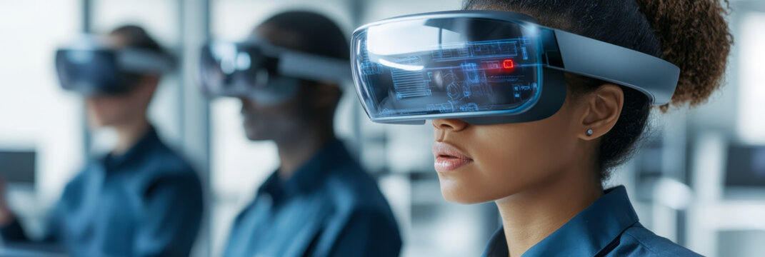 A group of diverse individuals wearing futuristic augmented reality headsets, representing innovation, technology, and teamwork in the metaverse.