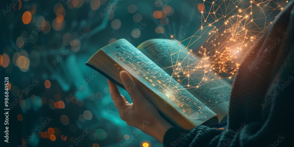 Poster Close-up of hands holding a security policy manual with background elements of digital locks, firewalls, and cybersecurity icons, emphasizing data protection measures
