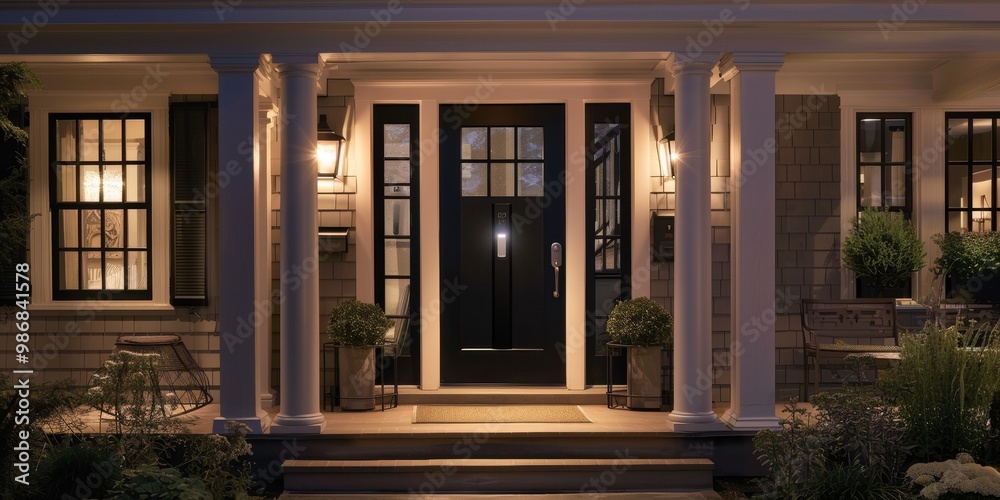 Poster A smart home entryway with automated lighting, a smart doorbell, and a smart lock, showcasing the convenience of interconnected devices for enhanced security and ease of access