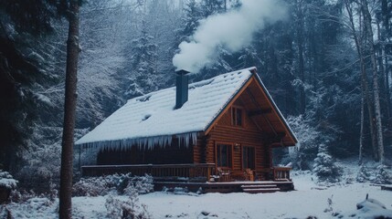 A cozy winter season cabin with smoke rising from the chimney and snow covering the roof