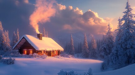 A cozy winter season cabin with smoke rising from the chimney and snow covering the roof