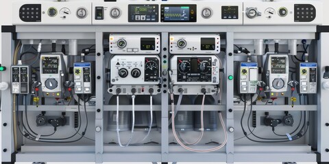 High-resolution image of a life support machine with ventilator components, including oxygen flow meters and alarms, demonstrating essential equipment in emergency medical care