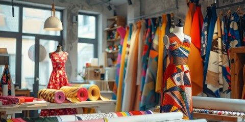 Modern fashion designer studio featuring a chic workspace, colorful fabric rolls, detailed fashion designs, and a creative atmosphere, ideal for haute couture imagery